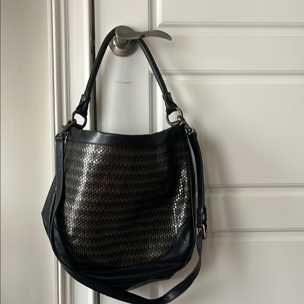 Frye Black and Silver Hobo Bag with Woven Texture